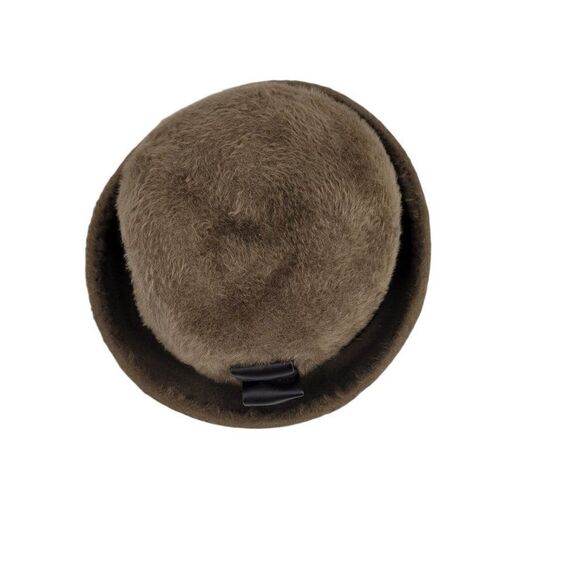 60\'s Mr. John Sophisticate Mystere Brown‎ Fuzzy Cloche Hat Faux Leather Bow